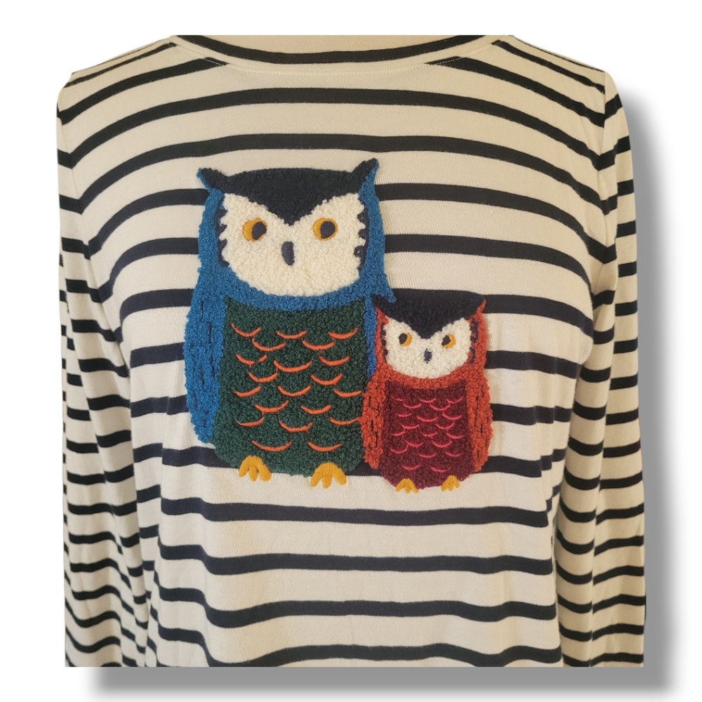Talbots Round Neck, Owl Motif Striped Long Sleeve Black/White Stretch Top. MP - Picture 3 of 8
